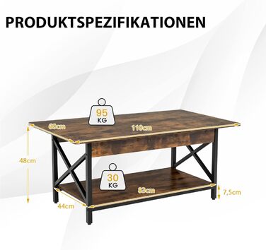 Журнальний столик з полицею COSTWAY, 110x60x48 см, сільський коричневий, для вітальні