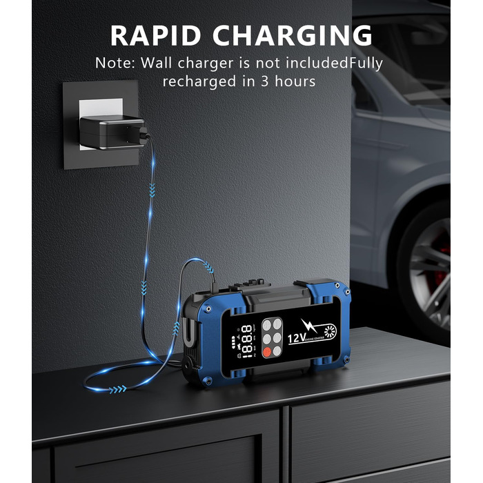 Портативний пусковий пристрій Starthilfe Powerbank з компресором 150PSI, 4000A, 12V для автомобілів та 8.0L дизель, 26800mAh, 4-в-1 з LED-ліхтариком та LCD дисплеєм