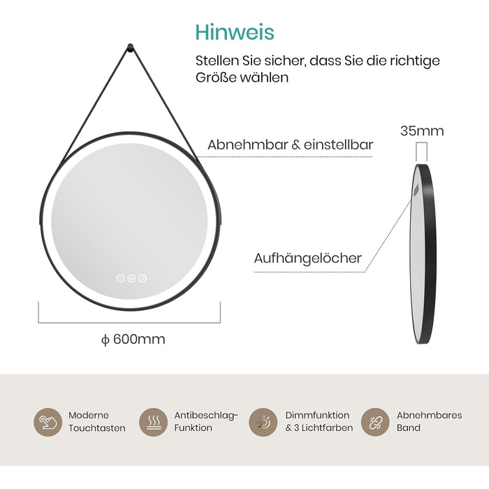 Дзеркало для ванної кімнати EMKE з підсвічуванням, діаметр 50 см, чорний каркас, регульована яскравість, 3 кольори світла, антизапар, сенсорне керування, функція пам'яті