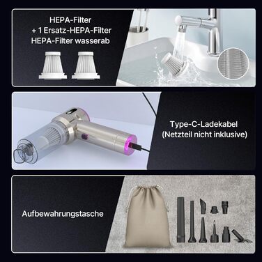 Акумуляторний ручний пилосос Piwaal 4-в-1, безщітковий мотор 22000Па, з повітродувкою 220000 об/хв, для авто, дому, офісу та комп'ютера, сріблястий