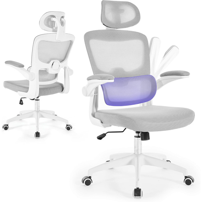 Офісний крісло SEEDWAVE з ергономічною підтримкою спини, регульованою підголівником та функцією гойдання, сірий та білий колір, до 150 кг