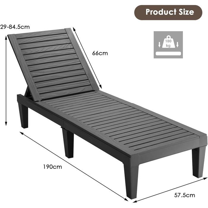 Лежак для відпочинку Giantex для саду та тераси, чорний, з регульованою спинкою, 190x57,5x29 см, до 180 кг