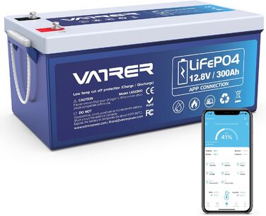 Літієва батарея VATRER POWER 12V 100AH LiFePO4 з Bluetooth, 100A BMS, 5000 циклів, 1280 Вт, захист від низької температури