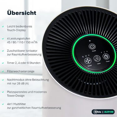 Повітряочищувач HEPA alfda ALR100 з 4-в-1 фільтром, іонізатором, 150 м³/год, до 20 м², тихий режим SLEEP, 28 дБ (A), нічне світло, енергоефективний DC-двигун, таймер, індикатор заміни фільтра