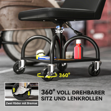 Зручний стілець-табурет для майстерні на колесах з полицею, висотою 58,5 см, здатний витримувати навантаження до 135 кг, чорного кольору.