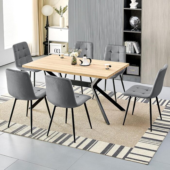 Набір з 6 обідніх стільців, м'який стілець з оксамитовою оббивкою та чорними металевими ніжками, кухонні стільці з максимальною вантажопідйомністю 120 кг, темно-сірий