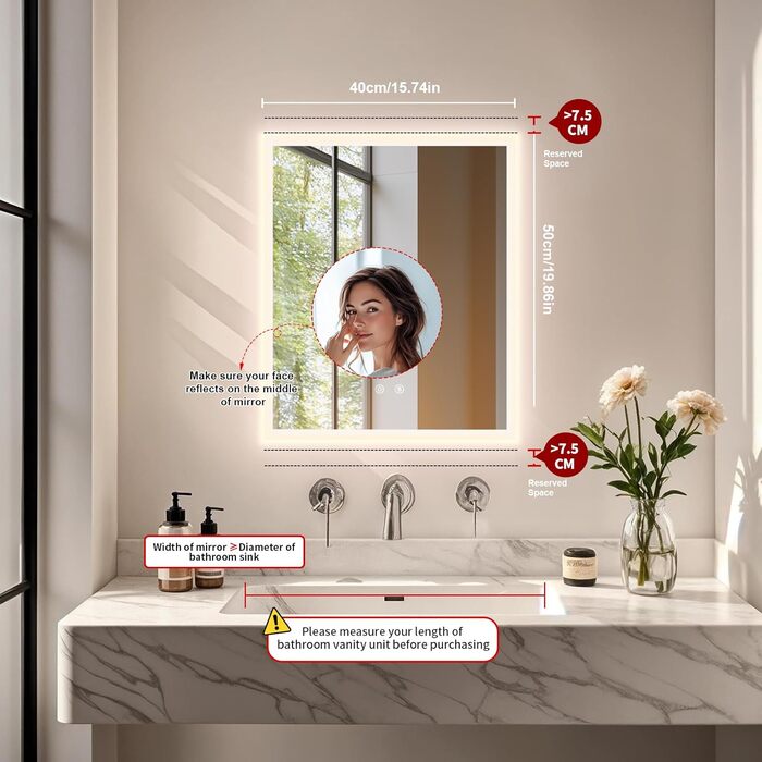 Дзеркало для ванної кімнати LUVODI з підсвічуванням 40x50 см: регульоване LED дзеркало з 3 кольорами світла, сенсорне управління, запобігає запотіванню, водонепроникне, настінне дзеркало для ванної кімнати, горизонтальне/вертикальне кріплення 50 см x 40 см