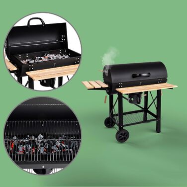 Дров'яний мангал Lehmann з решіткою-грилем XL, візком для дров, 2 полицями, кришкою, колесами та зручною ручкою. Ідеальний для саду, тераси, кемпінгу.