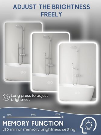 Дзеркало для ванної кімнати Habison з підсвічуванням LED, 50x70 см, сенсорне керування, регулювання кольору світла, пам'ять, протитуманне покриття, матове, без Bluetooth