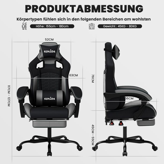 Ігровий крісло SUKIDA з підніжкою, ергономічний, для геймінгу та офісу, сірий
