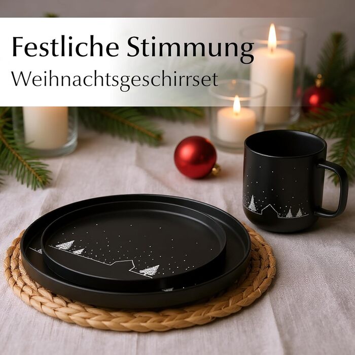 Набір чашок Miamio на Новий рік, 4 шт, 500 мл, чорні / Кавові чашки для святкування, мінімалістичний зимовий дизайн, подарунок на Новий рік, придатні для миття в посудомийній машині та використання в мікрохвильовій печі – Зимова колекція