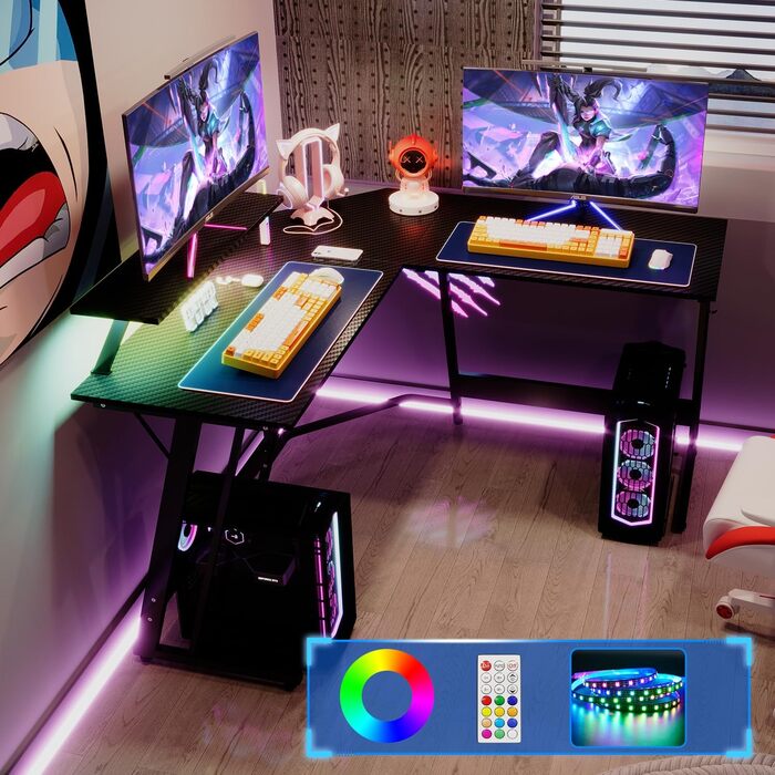 Ігровий кутовий стіл Devoko 130x130 см з LED RGB-підсвічуванням, підставкою для монітора та гачком для навушників, карбоновий білий колір