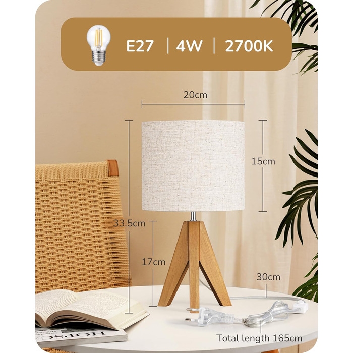 LED настільна лампа EDISHINE з ручним плетінням абажуру та дерев'яним штативом, 2700K тепле світло, бохо стиль для спальні, вітальні та готелю, з лампою E27 4W (сучасний дизайн)