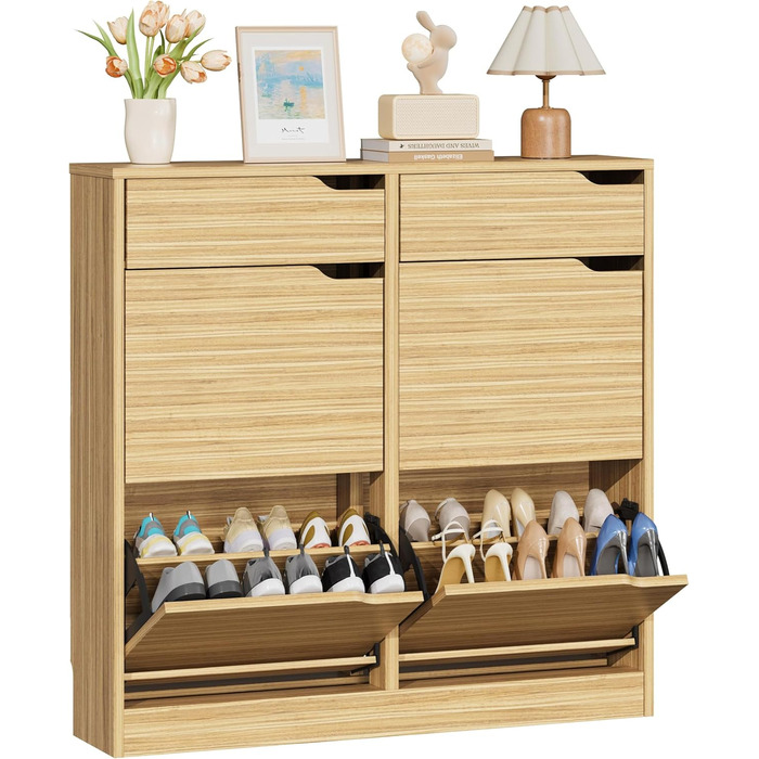 Шкаф для взуття IRONCK з 4 дверцятами, вузький, з 2 висувними ящиками, окремо розташований, з регульованими перегородками, для прихожого, входу та вітальні (білий). Матеріал: дерево. Розміри: 100x23.5x98 см