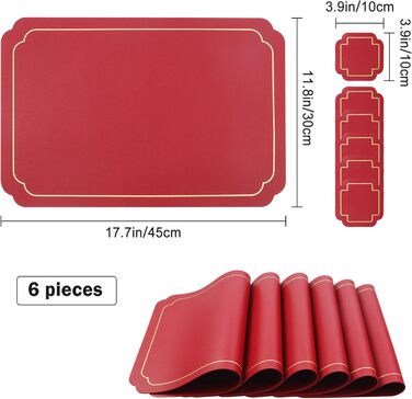 Набори підставки під тарілки Fanquare, 6 шт., зелені, прямокутні, з екошкіри, з золотим кантом. Стійкі до нагрівання, миючіся, антиковзаючі підставки для обіднього столу, весільної декоації. Розмір 45 * 30 см.