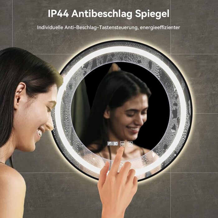 Дзеркало для ванної кімнати YOURLITE з підсвічуванням, 60 см, кругле, LED, 3 кольори, регулювання яскравості, сенсорний вимикач, антизапарник, пам'ять, IP44, чорний