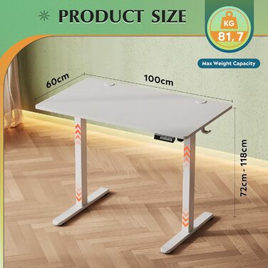 Регульований стіл Devaise 100x60 см з однією стільницею та тихим мотором, стіл для стояння та сидіння з функцією пам'яті на 3 положення, ергономічний комп'ютерний стіл для офісу, білий 100x60 см