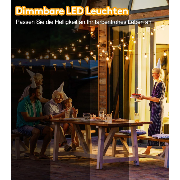 Ланцюжок прикрас LED для вулиці: 20M, 65ft, G40, для саду, балкону, павільйону, тераси, вечірки, з пульт дистанційного керування, IP44, вологостійкий, 20M