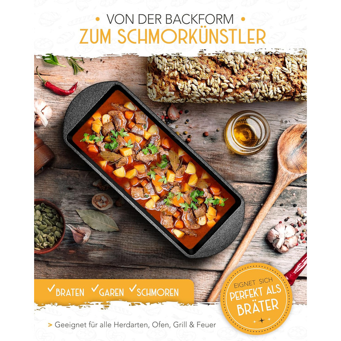 Форма для випікання хліба з чавуну з кришкою Krustenzauber - міцна прямокутна 28 см, ідеальна для хліба, тостів, випікання в чавунному горщику