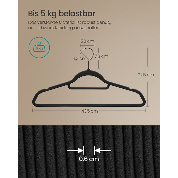 Плечики для одягу SONGMICS з оксамитовим покриттям, 20 шт., антиковзаючі, для краваток, 360° обертовий гачок, 0,6 см, економія місця, 43,5 см, для пальто, штанів, срібно-світло-зелені