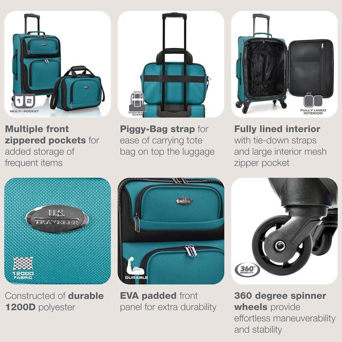 Чемодан ручної поклажі U.S. Traveler Rio, колір кобальт (синьо-зелений), 4 колеса