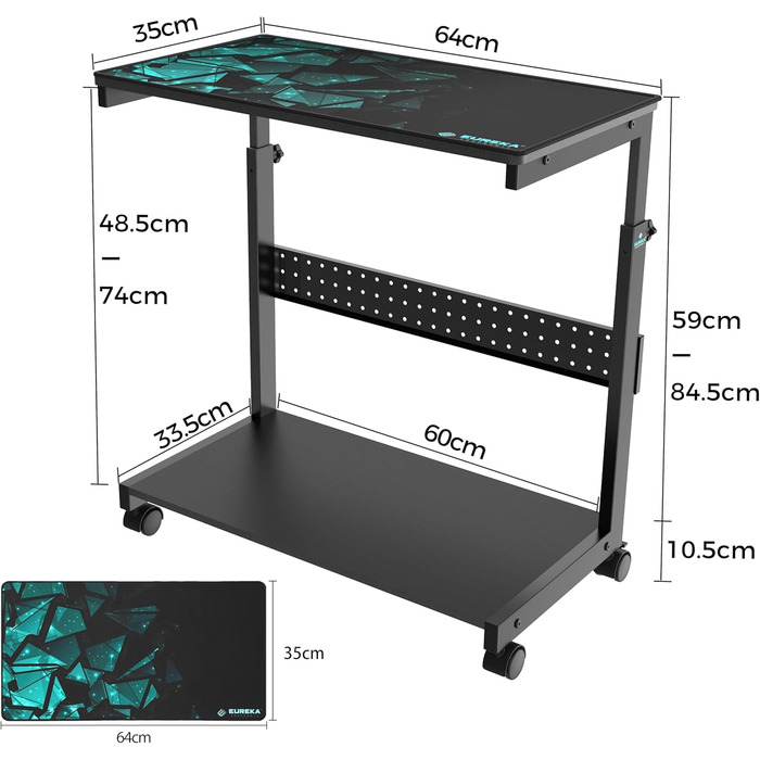 Підставка для комп'ютера EUREKA ERGONOMIC, регульована по висоті, ATX, для CPU, під стіл, з коліщатками, з підкладкою під мишу, чорна