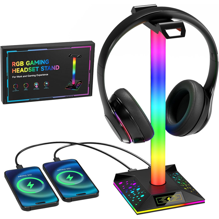 Кронштейн для гарнітури HCMAN RGB з 2 USB, світлодіодна підставка для навушників для ПК-геймера, чорний