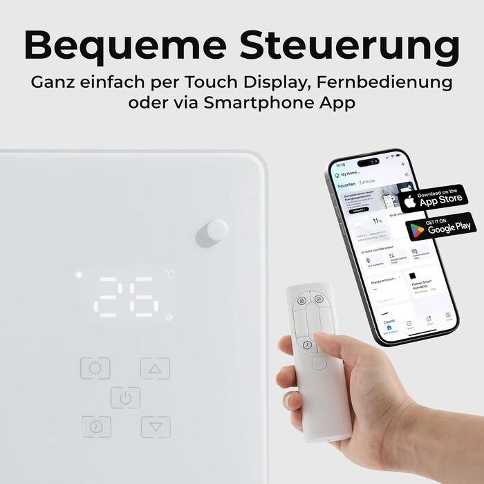 Конвектор електричний KLAMER Konvektor Pro 2500W з Wi-Fi, керуванням через додаток та таймером, режими ECO та Frostschutz, LED-дисплей, захист від перегріву, для дому та спальні, білий, настінний/підлоговий