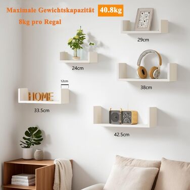 Полиця настінна SRIWATANA біла 5 шт., дерев'яна, плаваючі полиці до 40 кг, сучасна настінна дошка для декору, DIY монтаж для вітальні, ванної, спальні, офісу, кухні (білий)