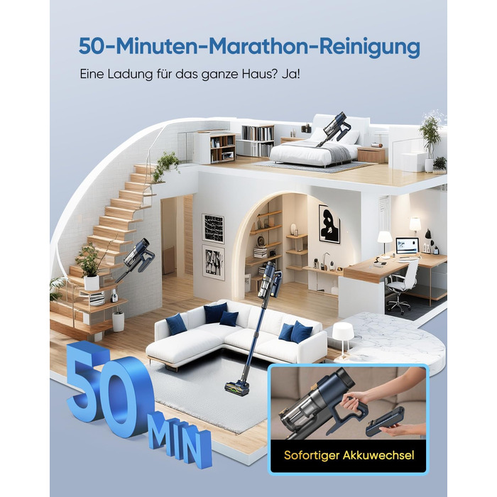 Акумуляторний пилосос Vexilar Leichter 50Kpa, 50хв, 450W, LED-дисплей, 6-в-1 для килимів, підлоги, шерсті тварин, авто, синій