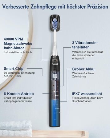 Електрична зубна щітка Sonic з 6 режимами, 3 інтенсивностями, 40000 вібрацій/хв, IPX7, акумулятор 90 днів, таймер, для подорожей, чорна