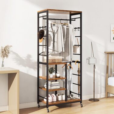 Стійка для одягу IBUYKE з 3 полицями та 8 гачками, індустріальний стиль, прихожа, спальня, колір: натуральний та білий