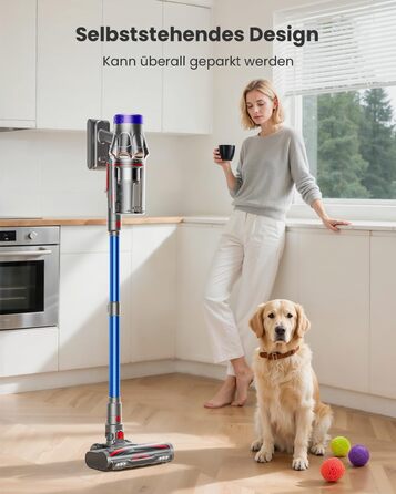 Бездротовий акумуляторний пилосос 48000Pa/580W/65Min, об'єм 1,8L, з функцією від'єднання пилу, антизаплутана щітка, 8-ступенева фільтрація. Підходить для килимів, шерсті тварин та твердих поверхонь. Колір: блакитний