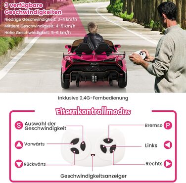 Електромобіль для дітей COSTWAY Lamborghini, рожевий, з пультом ДУ, LED-фарами, клаксоном і музикою, швидкість 3-6 км/год, дитяча машина від 3 років