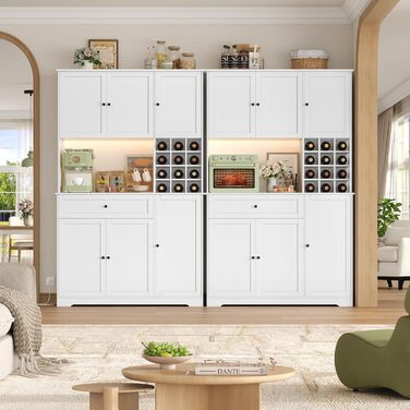 Кухонна шафа FirFurd 180 см з LED-підсвічуванням, буфет, sideboard з розеткою, стільниця, вітрина для 12 пляшок вина, білий колір, 180x100x39 см