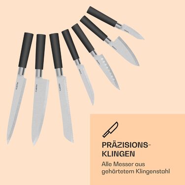 Набір ножів Klarstein Kitano, 8 предметів, з підставкою, преміум-якість, нержавіюча сталь, дерев'яна підставка, чорно-срібний