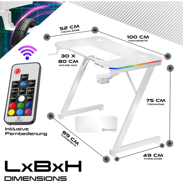 Ігровий стіл KESSER® LED 100x60 см | З-подібний стіл для геймерів | Кріплення для навушників, вуглецеве покриття | Ергономічний стіл для ПК | Стабільний стіл з тримачем для напоїв, білий