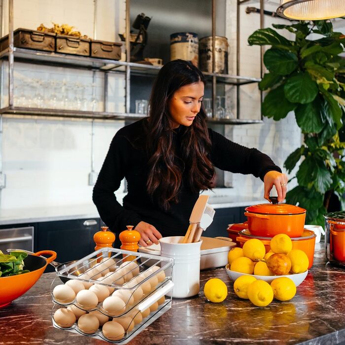 Організатор для яєць у холодильник: прозорий контейнер, пластиковий, для зберігання, з авто-роликом, багатоярусний