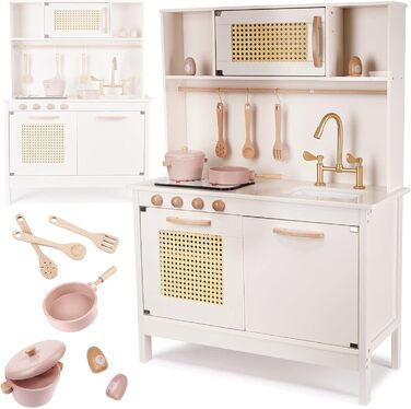 Дерев'яна дитяча кухня з мийкою, духовкою та витяжкою, з сосни та берези (Модель 2)