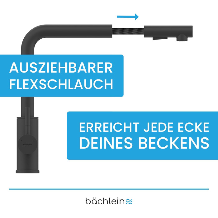 Змішувач для кухні Bchlein Varvaro поворот на 360 градусів (чорний матовий) одноважільний змішувач для раковини з нержавіючої сталі з висувним шлангом і душовою лійкою з вимикачем, змішувач для кухні