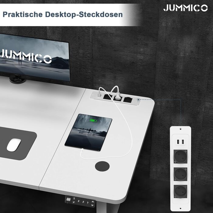 Електричний стіл JUMMICO з регулюванням висоти, бездрожною зарядкою та євро-розеткою USB, 160x80 см (білий)