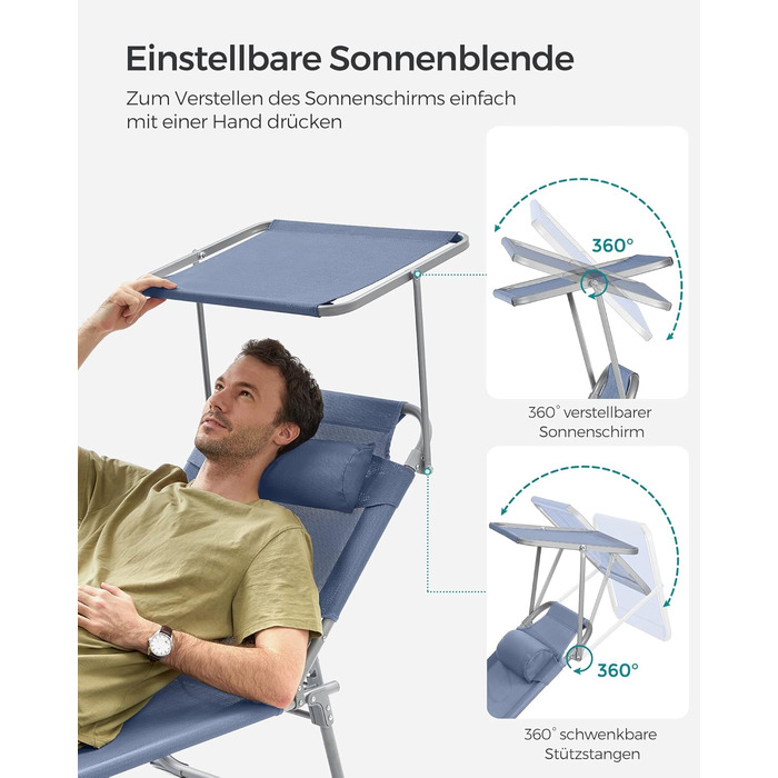 Лежак для відпочинку SONGMICS, розкладний, 193 x 53 x 29 см, до 150 кг, з підголовником, регульована спинка, для саду, басейну, тераси (Блакитний)