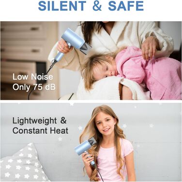 Іонний фен для волосся Slopehill 1800W для швидкого сушіння, професійний салонний фен з 3 насадками-концентраторами, дифузором, 3 режимами температури та 2 швидкостями (матовий синій)