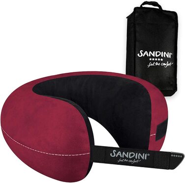 Звичайний розмір SANDINI TravelFix - подушка преміум-класу з мікрофібри європейського виробництва / подушка для шиї з ергономічною функцією підтримки-безкоштовна сумка для перенесення з затискачем для кріплення (мікрофібра Бордо)