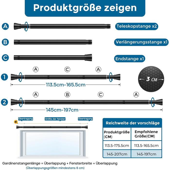 Штанга для штор без свердління AIZESI, 113-197 см, телескопічна, чорна (діаметр 22 мм)