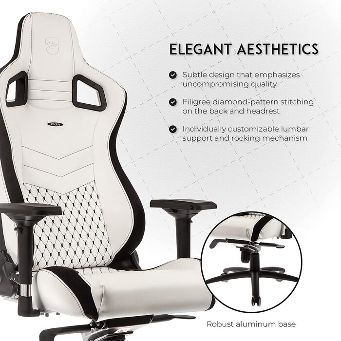 Крісло ігрове Noblechairs Epic, офісне, для роботи, PU-шкіра, з подушкою, білий/чорний