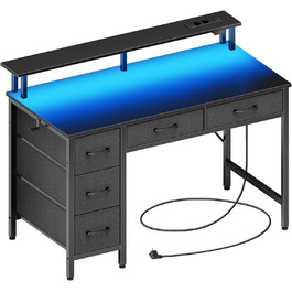Комп'ютерний стіл Seventable з розетками та LED-підсвічуванням, 100 см, ігровий стіл з 5 ящиками та підставкою для монітора, для офісу, робочого кабінету, спальні, вітальні, чорний