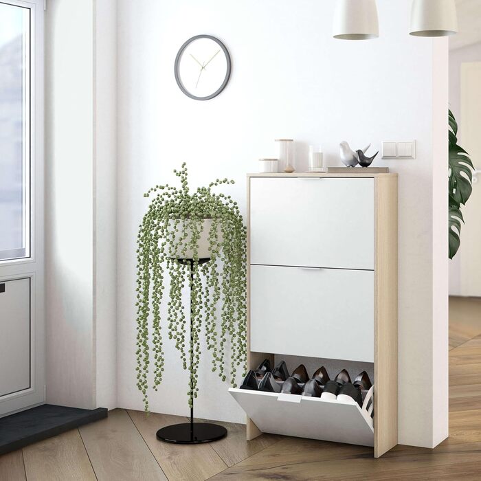 Стеллаж для взуття Habitdesign з 3 дверцятами, вузький, з білого глянцю та канадського дуба, 60x113x22 см