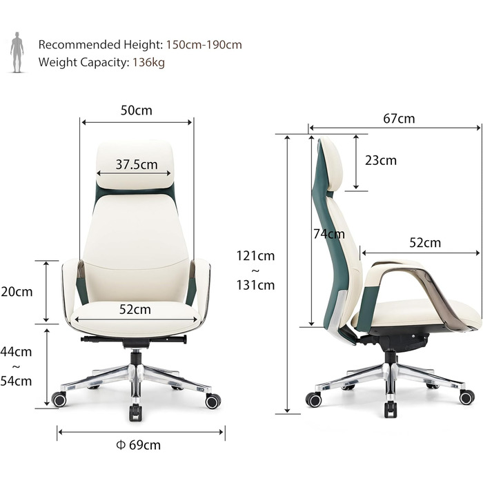 Ергономічне крісло EUREKA для офісу та дому: шкіряне, регульоване, для роботи, бізнес-крісло, дихаюче, комфортне, для керівника, білий колір