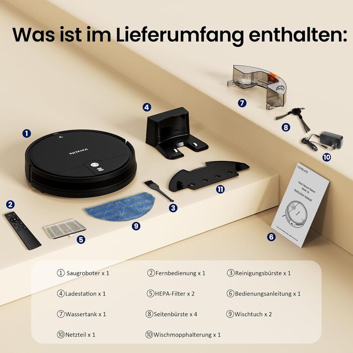 Робот-пилосос VersLife L6 з функцією миття підлоги, 120 хв роботи, керування через додаток/Wi-Fi/Alexa